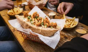 Pyszny kebab z kawałkami kurczaka w bułce